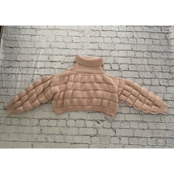 Bubble Gum Pink Turtleneck Cropped Chunky Puffy Sweater Small Medium Trendy EUC - Picture 10 of 16